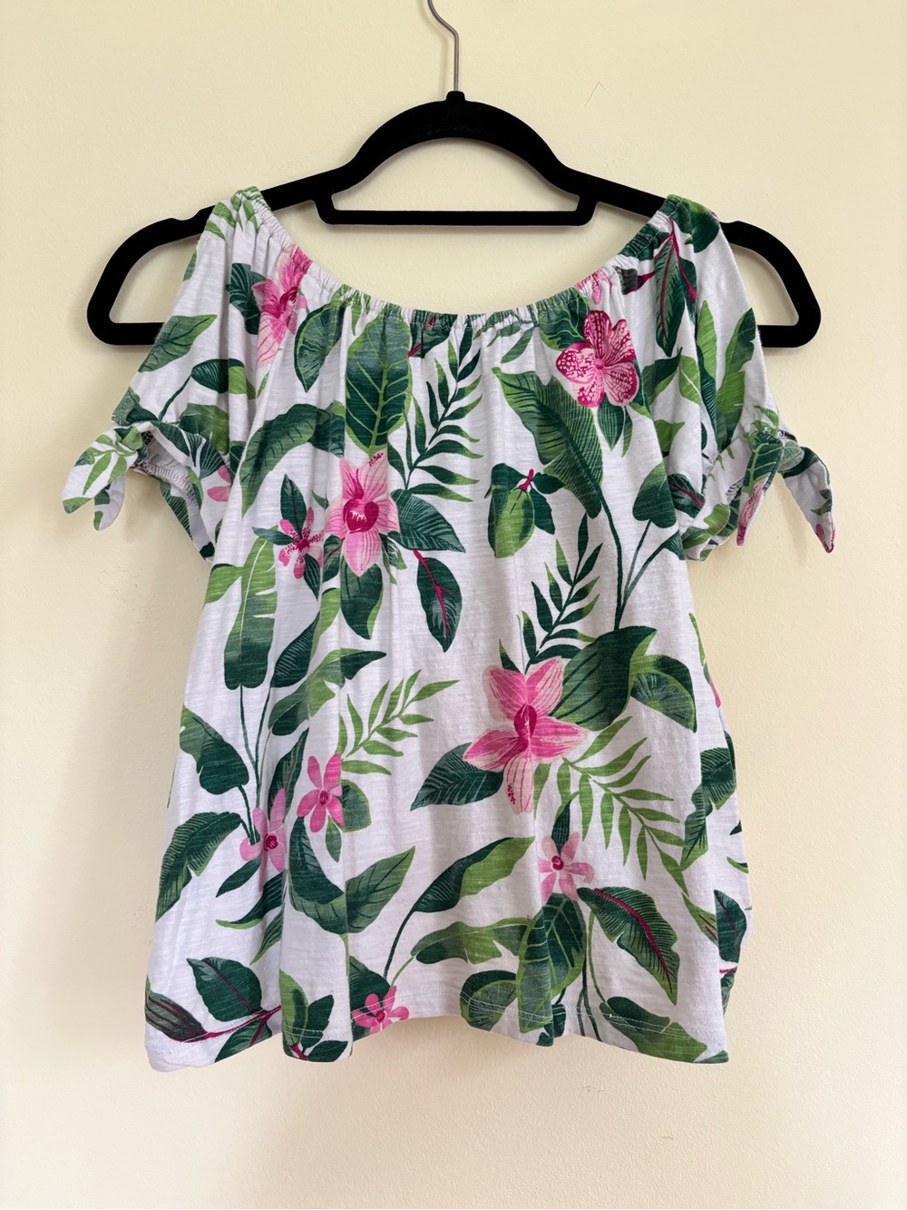 Old Navy Off-Shoulder Crop Top with Pink & Green Tropical Print GIRLS 10-12